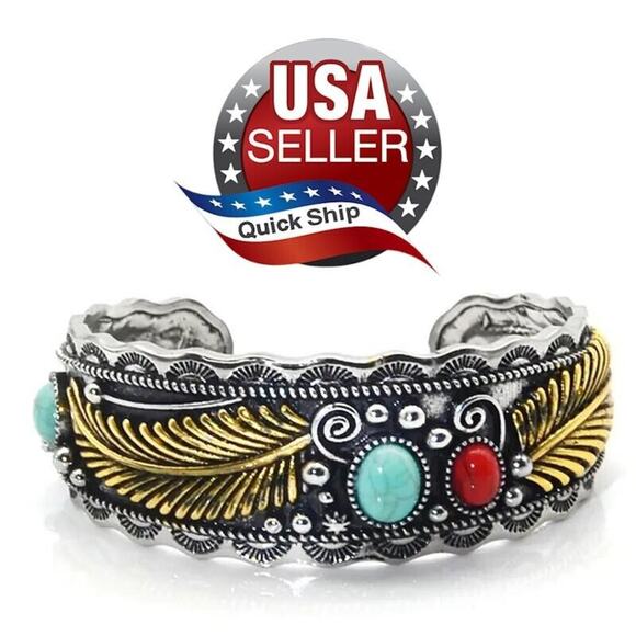 Unbranded Jewelry - Goldwash Leaves Native American Faux Turquoise Retro Style Bracelet • Silvertone